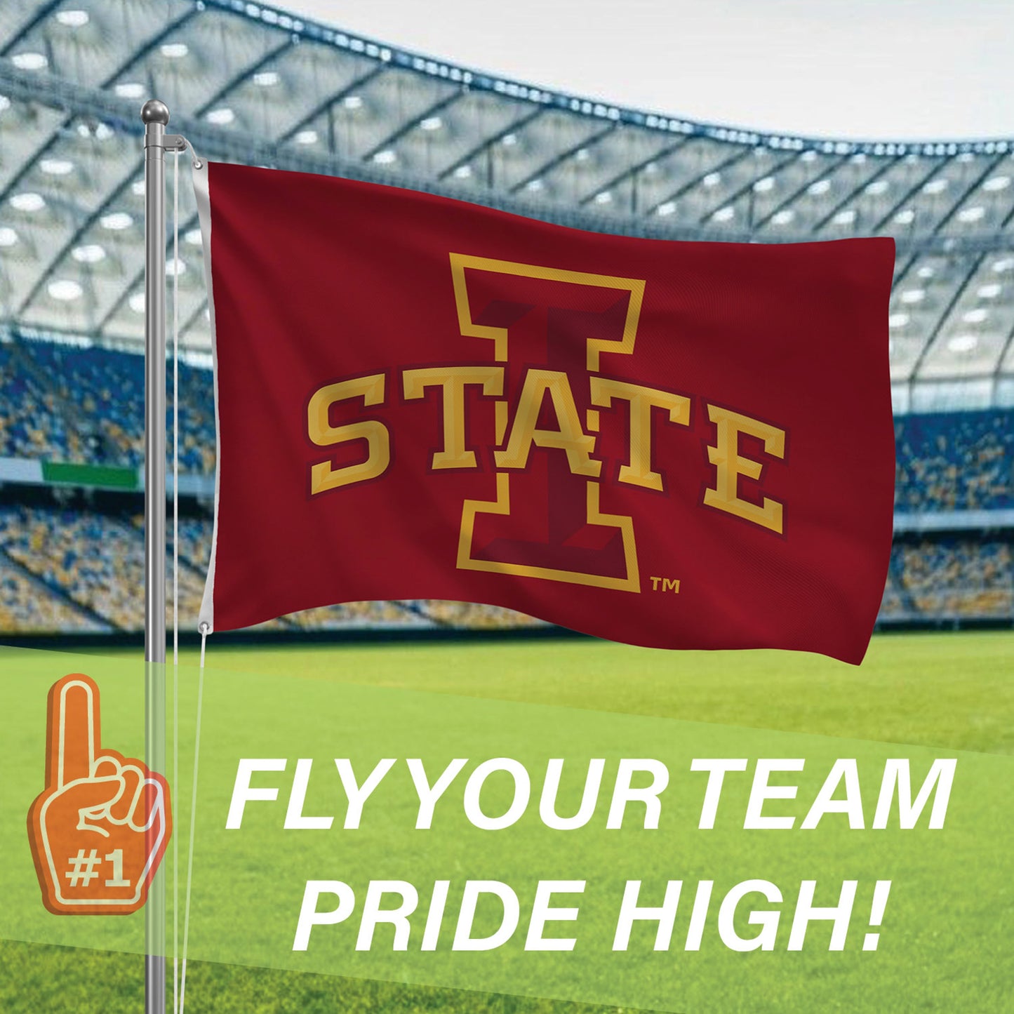 Iowa State University estate flag 3x5 red with STATE outline sublimated flag with 2 grommets on Tampa Home & Garden Store