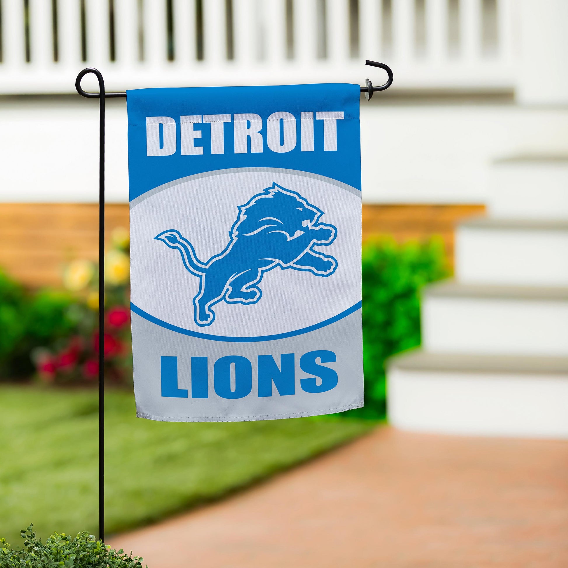Detroit Lions Suede Garden Flag blue with Lions logo on metal stake on Tampa Home & Garden Store