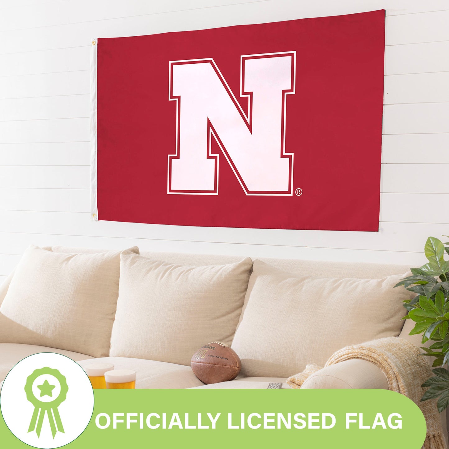University of Nebraska single-sided flag, sublimated red field with white N, 3x5, 2 grommets on Tampa Home & Garden Store