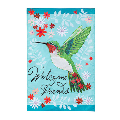 Hummingbird Welcome Applique House Flag with turquoise background and bright flowers on Tampa Home & Garden Store