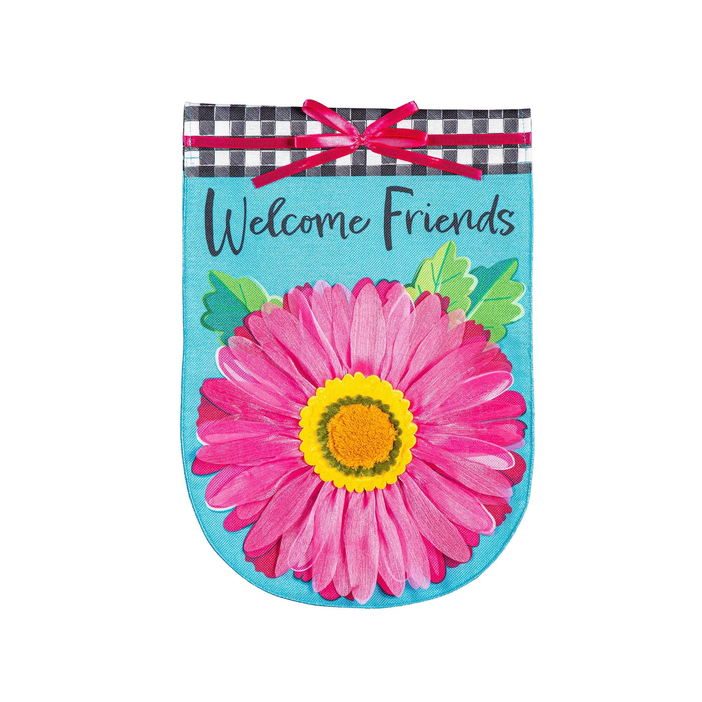 Burlap garden flag Welcome Friends Daisy, pink daisy, black script, checkered top edge bow on Tampa Home & Garden Store