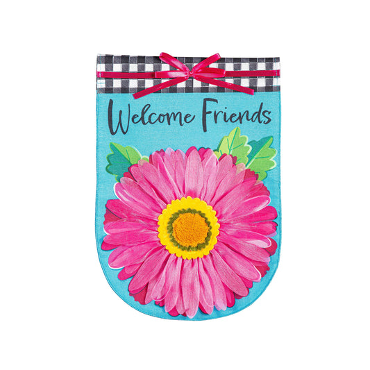 Burlap garden flag Welcome Friends Daisy, pink daisy, black script, checkered top edge bow on Tampa Home & Garden Store