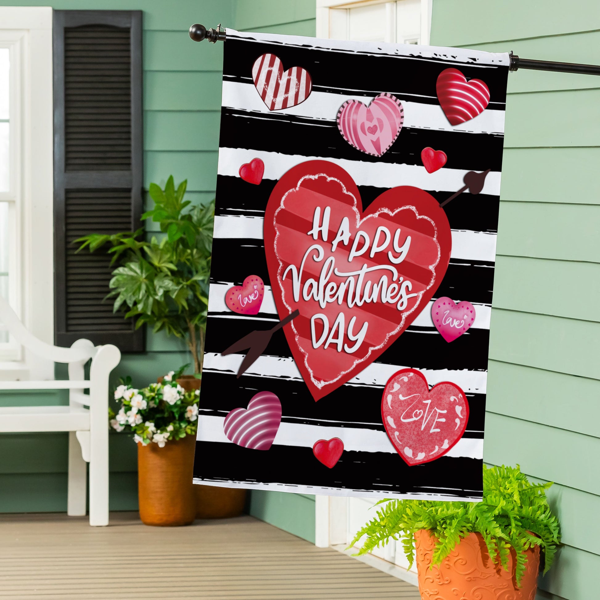 Striped Hearts Burlap House Flag with red hearts on black white stripes, Valentine decor on Tampa Home & Garden Store