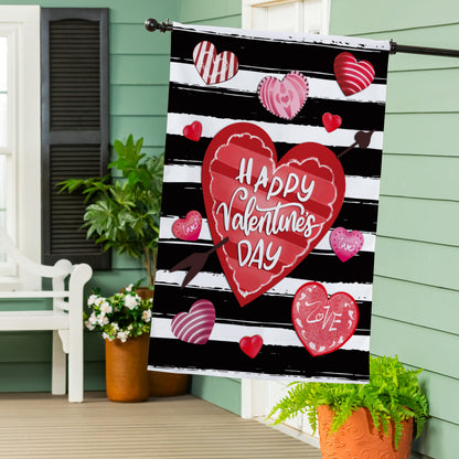 Striped Hearts Burlap House Flag with red hearts on black white stripes, Valentine decor on Tampa Home & Garden Store