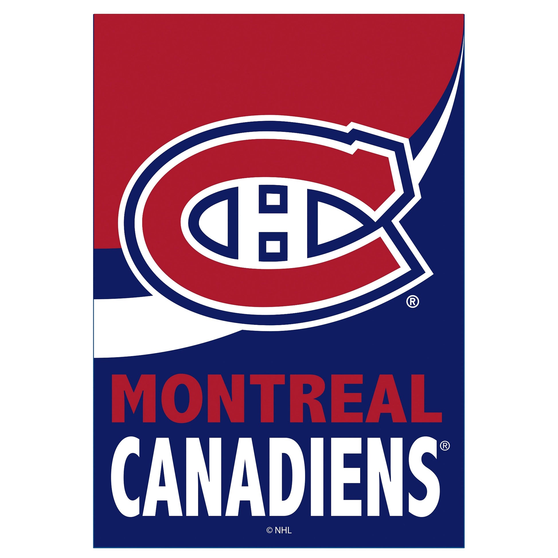 Montreal Canadiens Burlap Flag GDN Size with red navy logo artwork on burlap flag fabric on Tampa Home & Garden Store