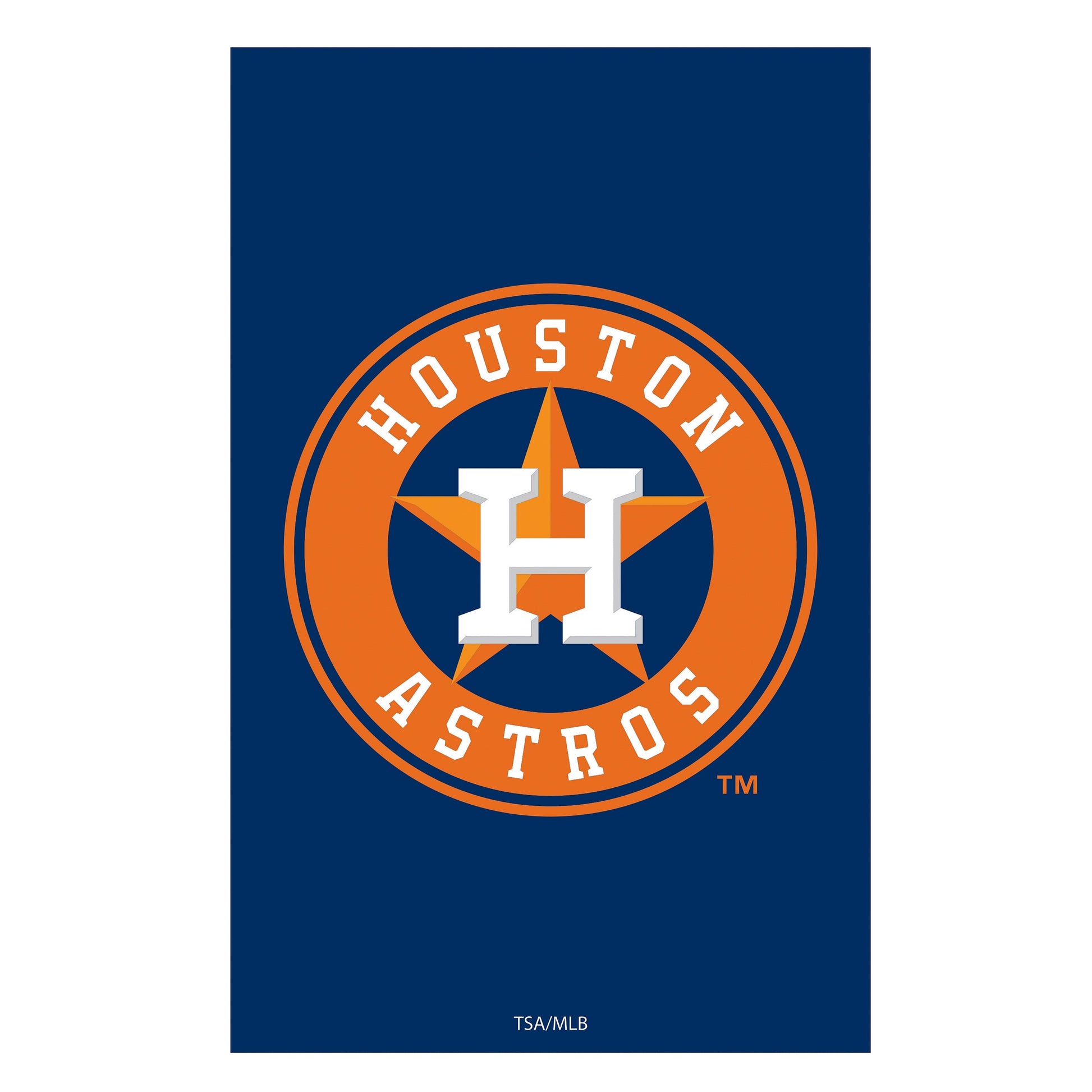 Houston Astros appliqué house flag on dark blue field with orange logo by Evergreen Enterprises on Tampa Home & Garden Store