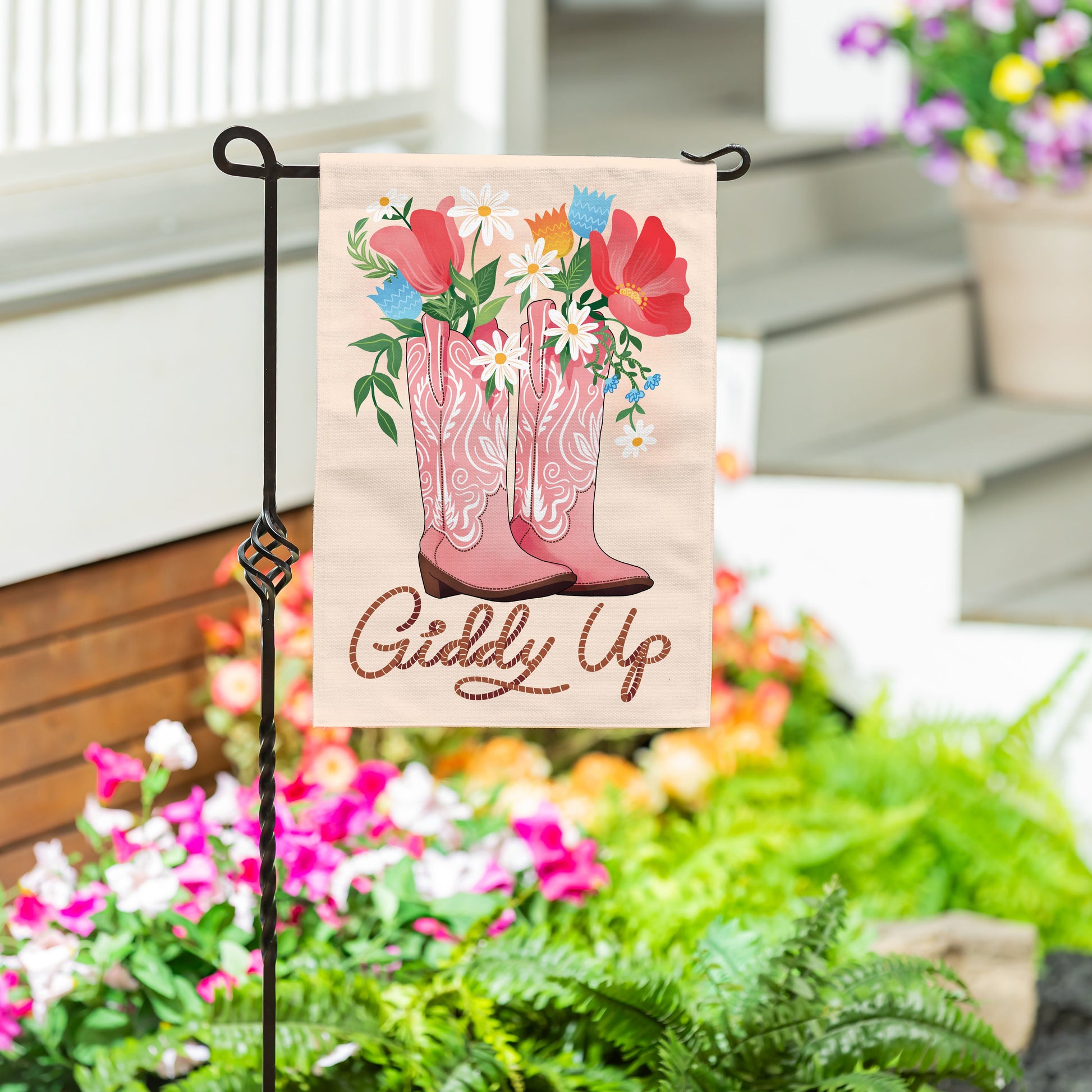 Giddy Up Burlap Garden Flag with pink boots and flowers by Evergreen Enterprises on Tampa Home & Garden Store