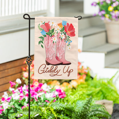Giddy Up Burlap Garden Flag with pink boots and flowers by Evergreen Enterprises on Tampa Home & Garden Store