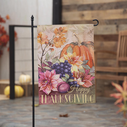 Happy Thanksgiving Suede Garden Flag with autumn leaves, pumpkins, and grapes on a metal stand on Tampa Home & Garden Store