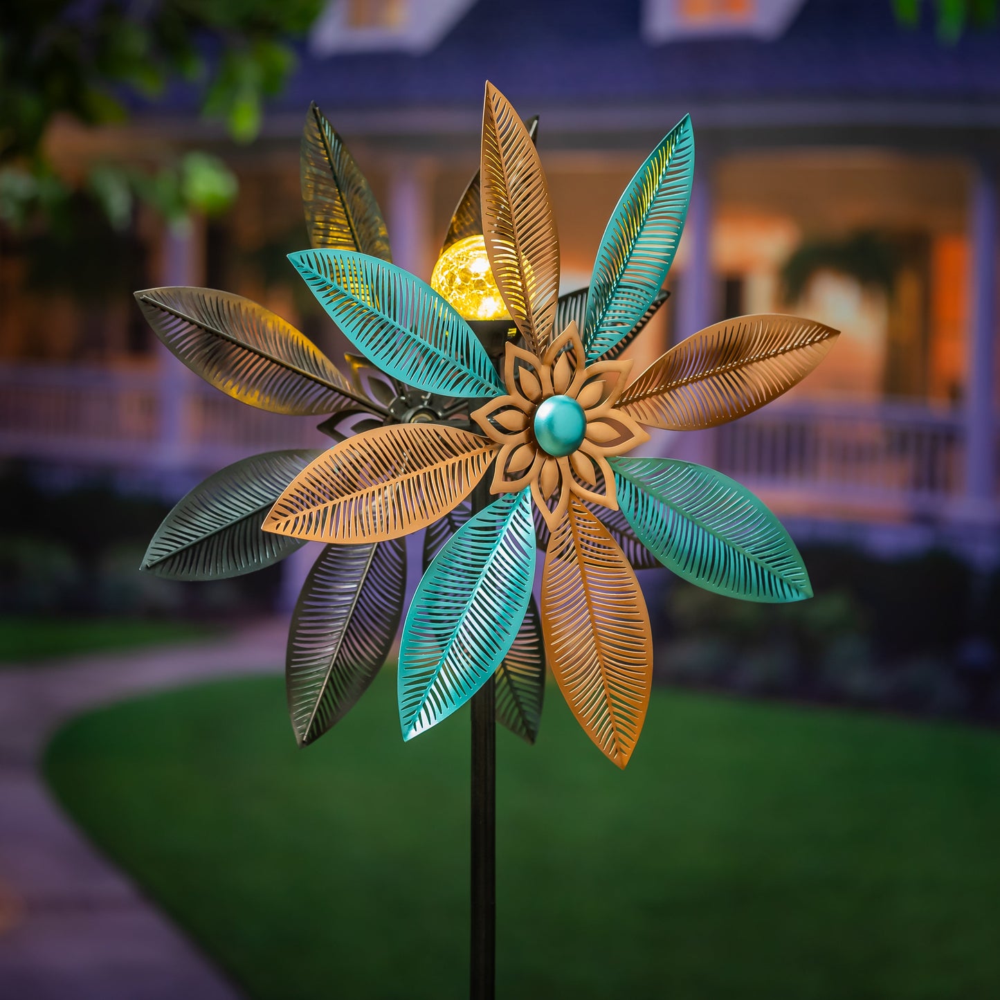 Metal solar wind spinner copper and turquoise pedal flower 75H Evergreen Enterprises on Tampa Home & Garden Store