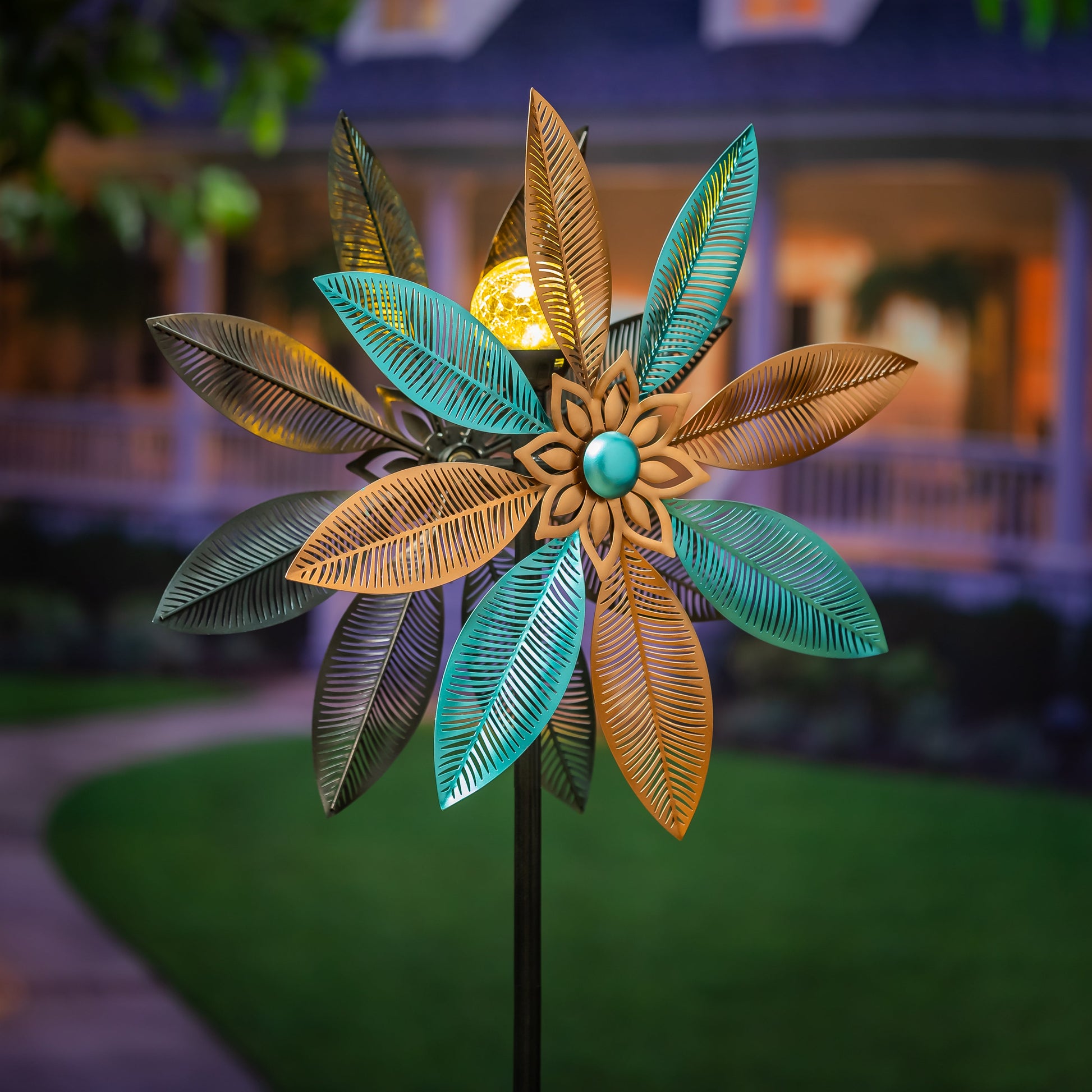Metal solar wind spinner copper and turquoise pedal flower 75H Evergreen Enterprises on Tampa Home & Garden Store
