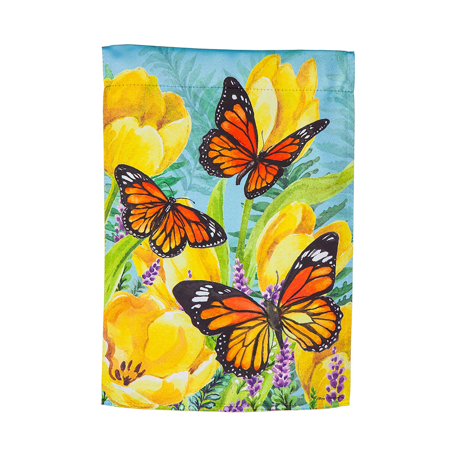 Tulip and Butterfly Garden Suede Flag with orange monarchs on bright yellow tulips on Tampa Home & Garden Store