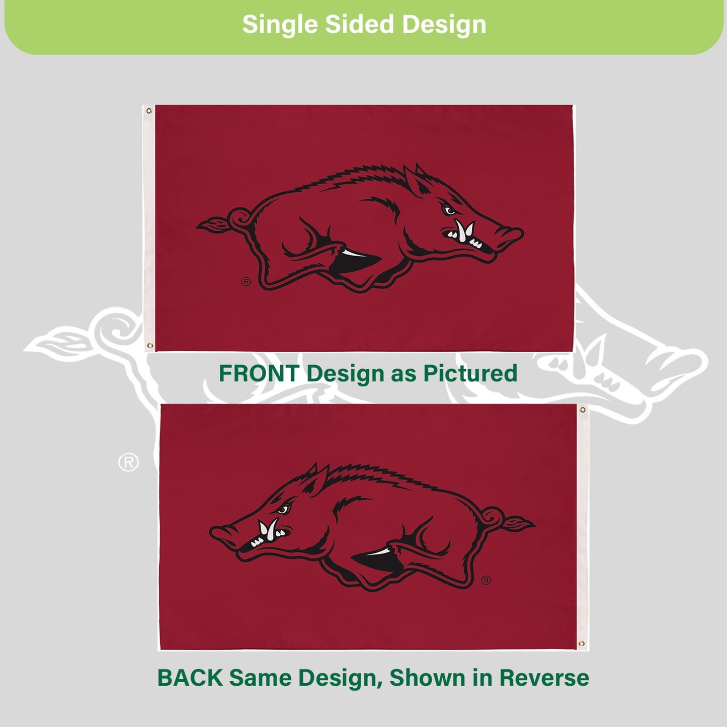 Arkansas Razorbacks 3x5 single-sided estate flag with 2 grommets, maroon field and hog logo on Tampa Home & Garden Store