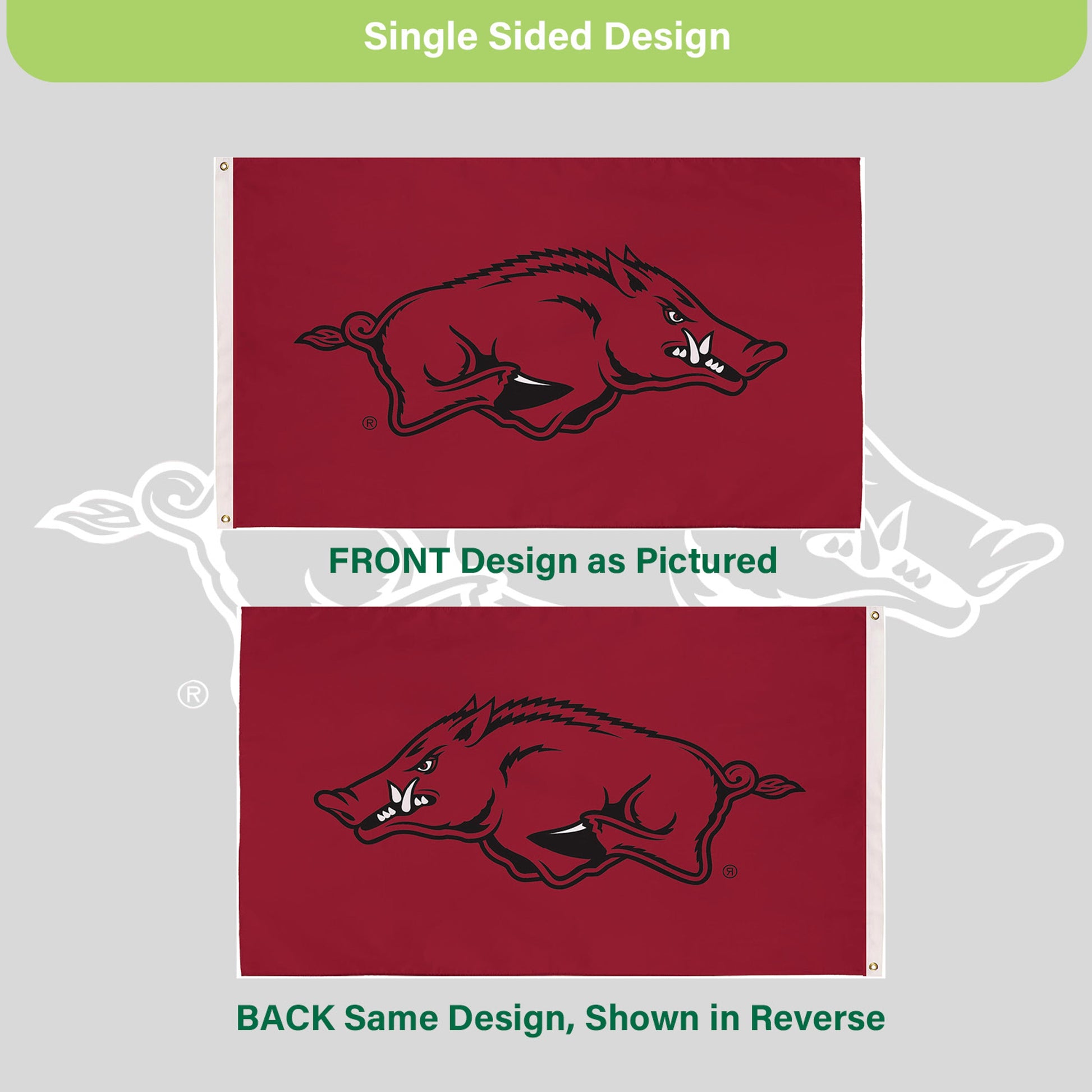 Arkansas Razorbacks 3x5 single-sided estate flag with 2 grommets, maroon field and hog logo on Tampa Home & Garden Store