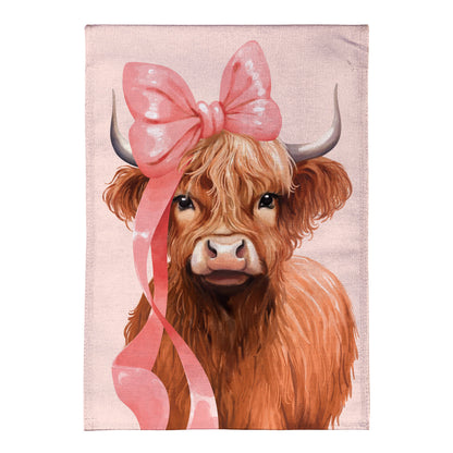 Burlap garden flag Blossom The Bowtiful Highland Cow with a pink bow on Tampa Home & Garden Store