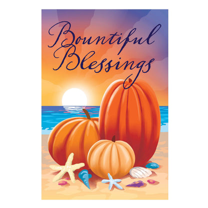 Beach Harvest Suede House Flag featuring stacked pumpkins on a vibrant sunset beach scene with seashells on Tampa Home & Garden Store