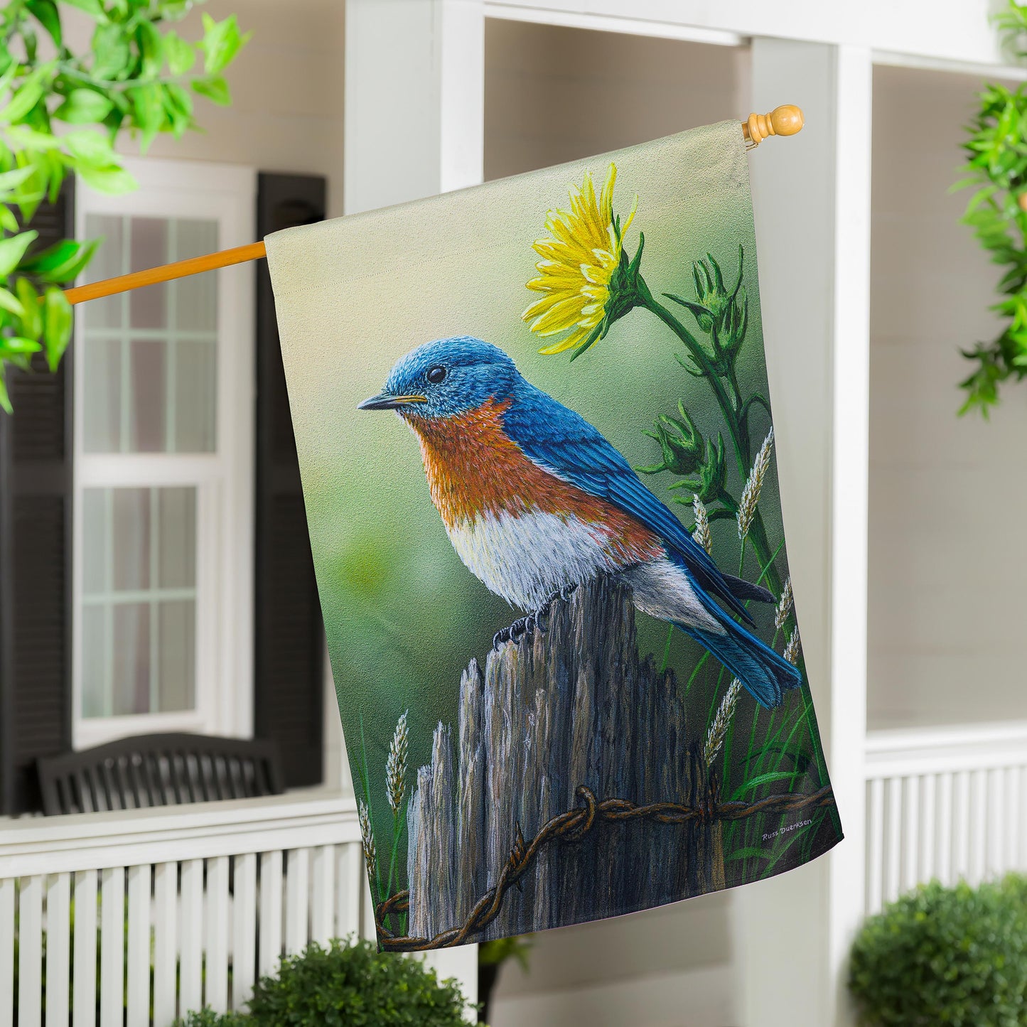 Eastern Bluebird Suede House Flag with bluebird design by Evergreen Enterprises on Tampa Home & Garden Store