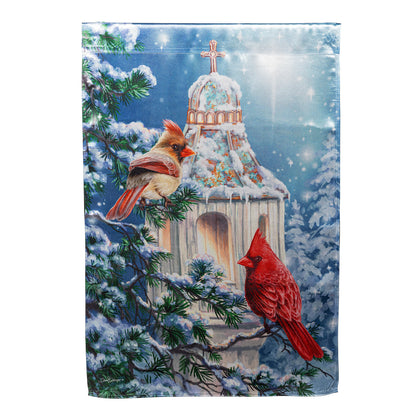 Cardinal Lamp Post Lustre House Flag with two red cardinals on a snowy lamppost amid evergreens on Tampa Home & Garden Store