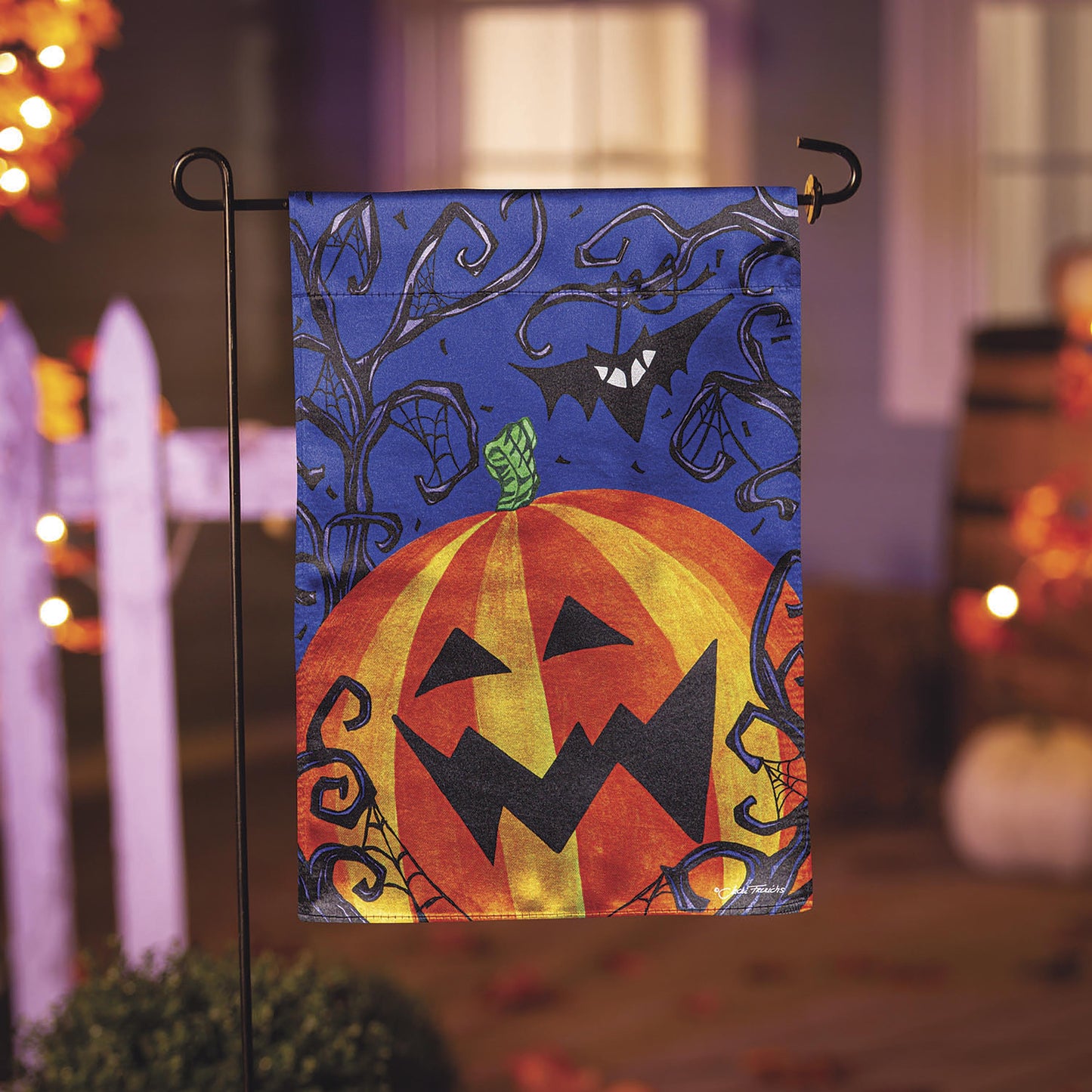 Halloween Jack O' Lantern Pumpkin Lustre Garden Flag blue background on Tampa Home & Garden Store