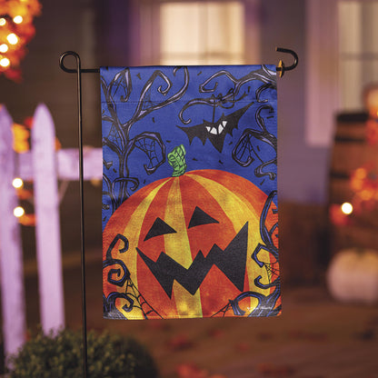 Halloween Jack O' Lantern Pumpkin Lustre Garden Flag blue background on Tampa Home & Garden Store