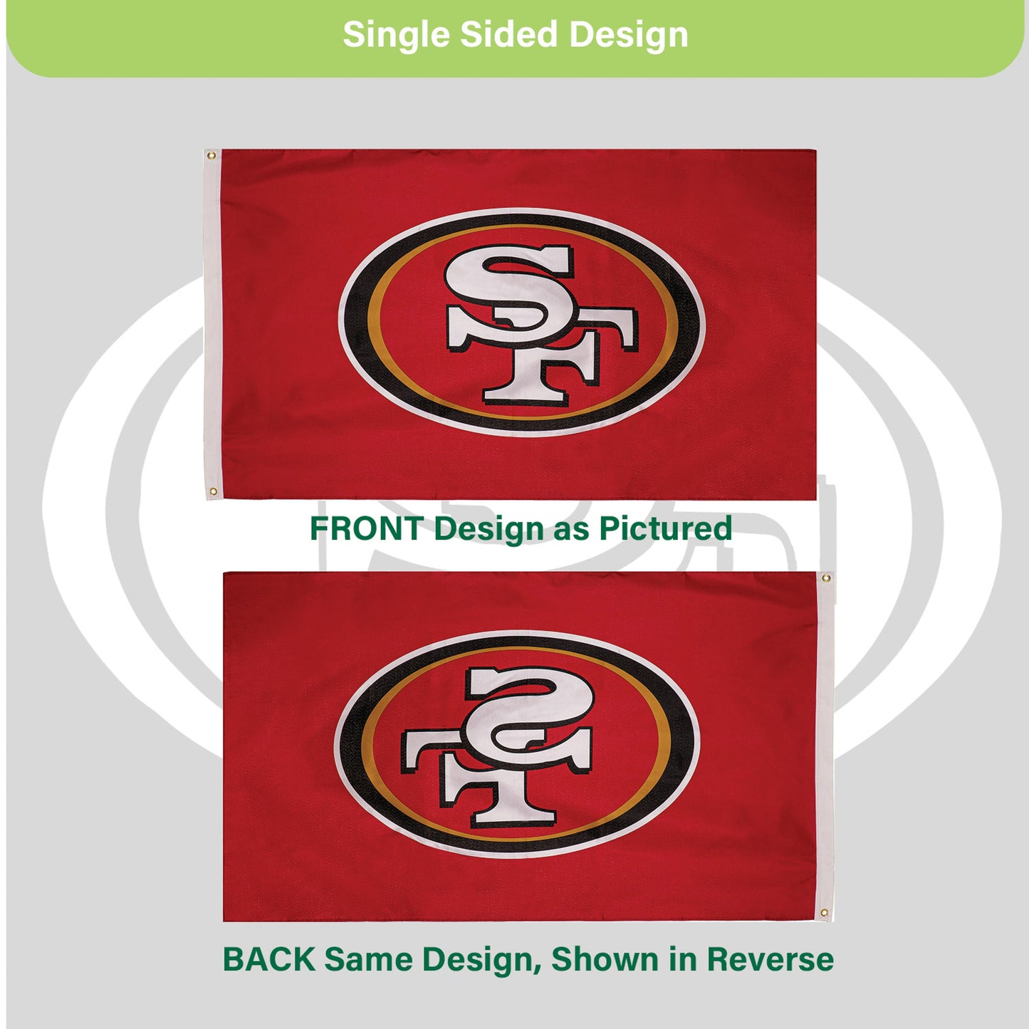 San Francisco 49ers estate flag, single-sided 3x5 red flag with large SF logo, 2 grommets on Tampa Home & Garden Store