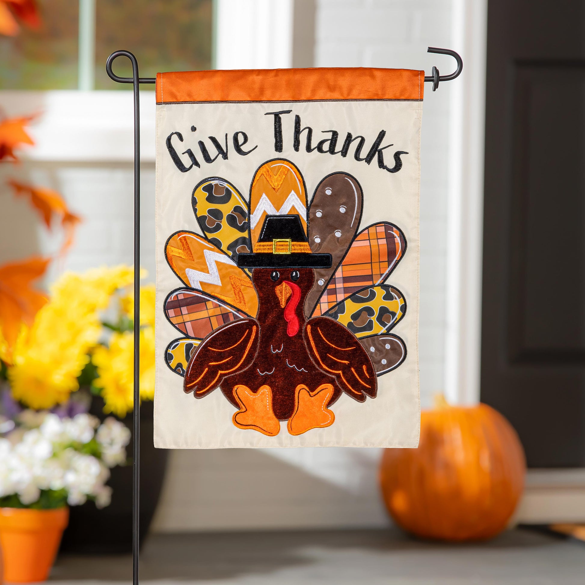 Give Thanks Patterned Turkey Applique Garden Flag orange top by Evergreen Enterprises on Tampa Home & Garden Store