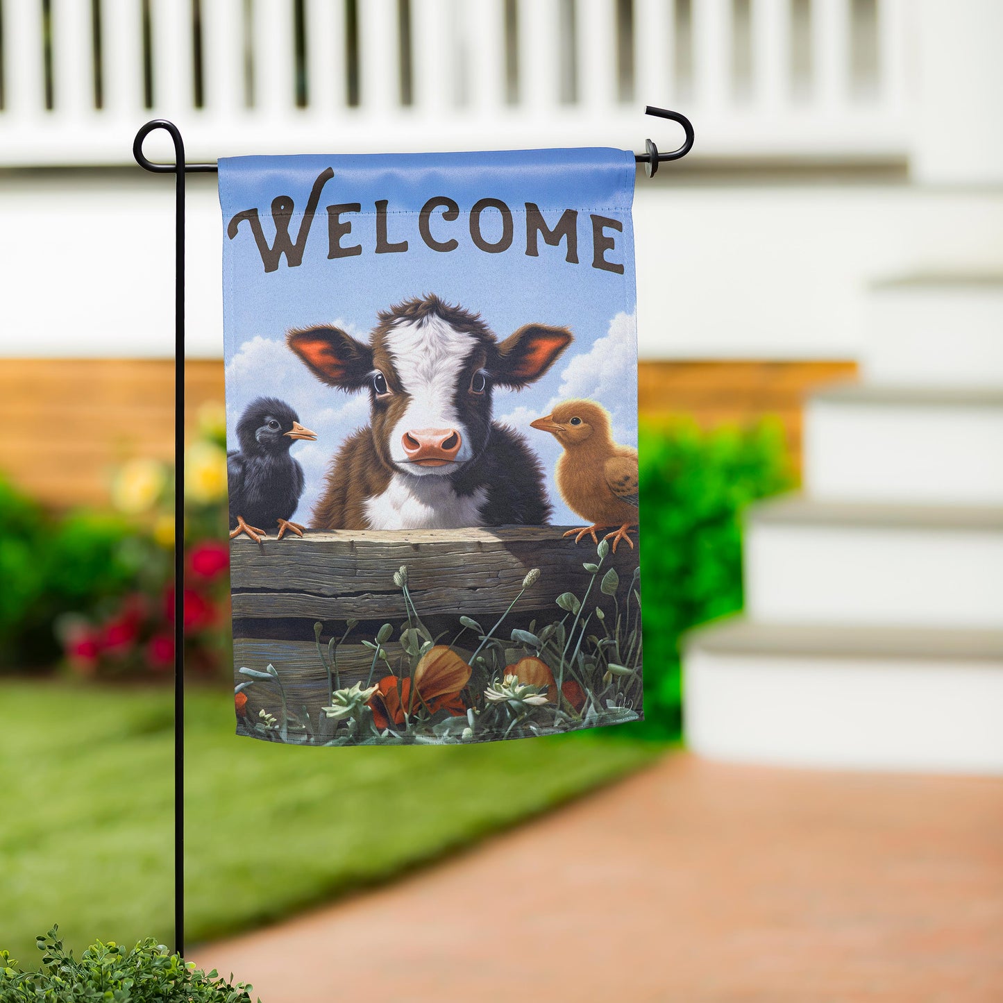 Hillside Pasture Cow and Chicks Suede Garden Flag blue suede flag with cow and chicks on Tampa Home & Garden Store