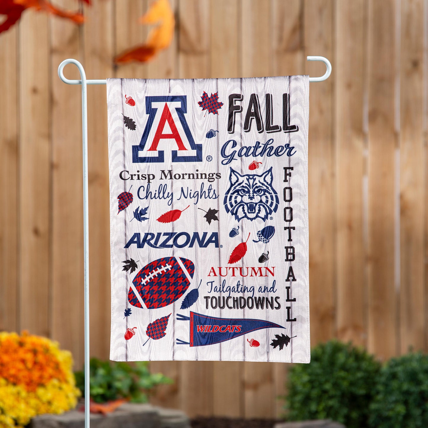 Moire flag with University of Arizona logo, fall graphics and autumn text on wood backdrop on Tampa Home & Garden Store