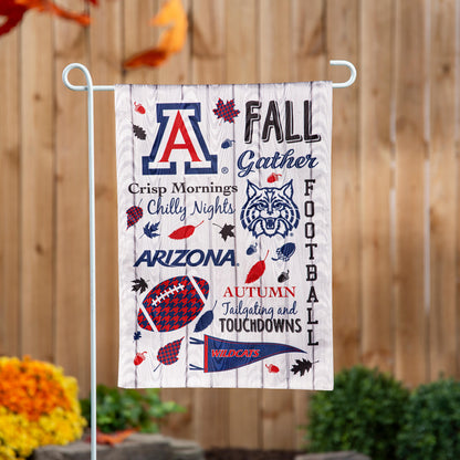 Moire flag with University of Arizona logo, fall graphics and autumn text on wood backdrop on Tampa Home & Garden Store