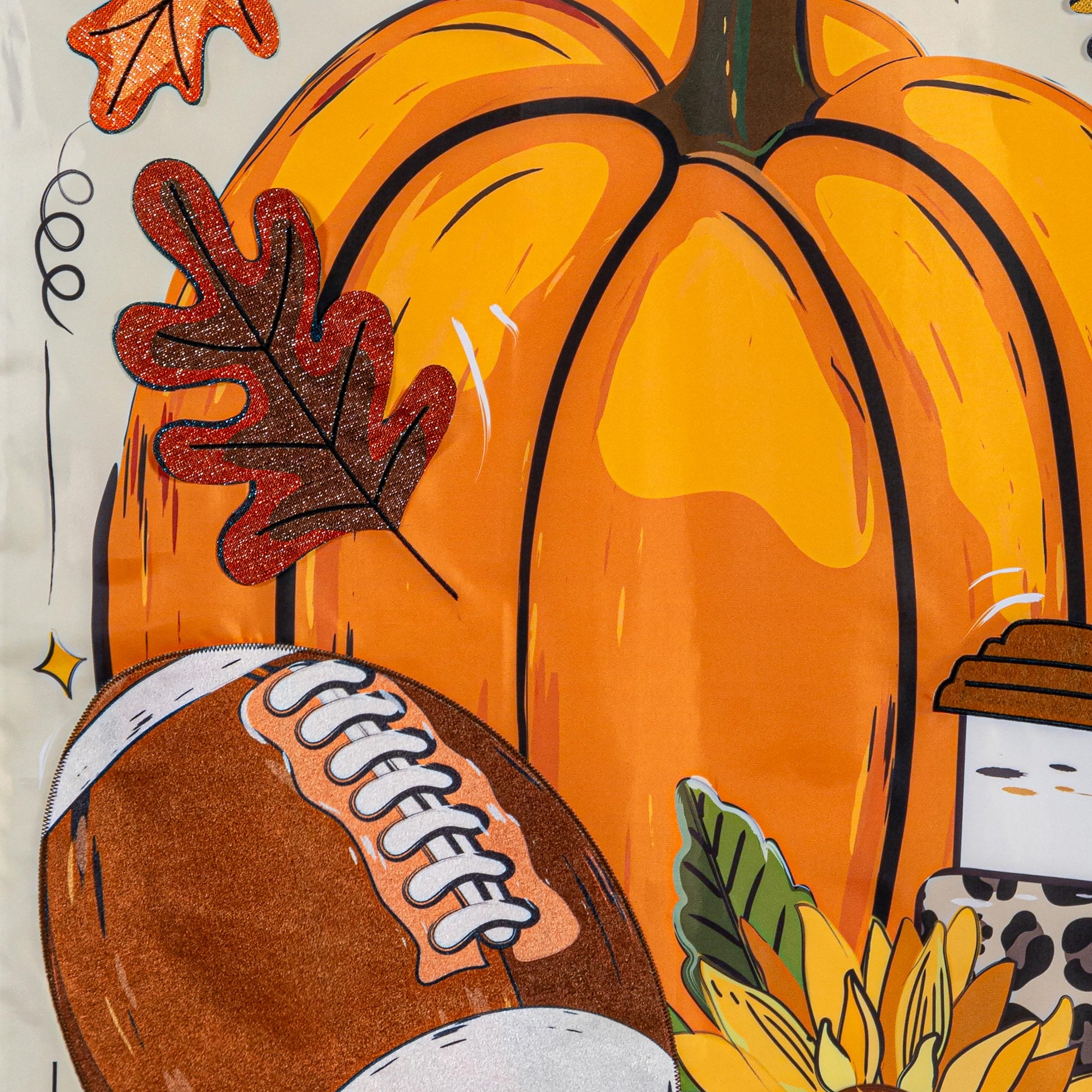 Tis' The Season Fall Applique House Flag featuring a large orange pumpkin and autumn leaves on Tampa Home & Garden Store