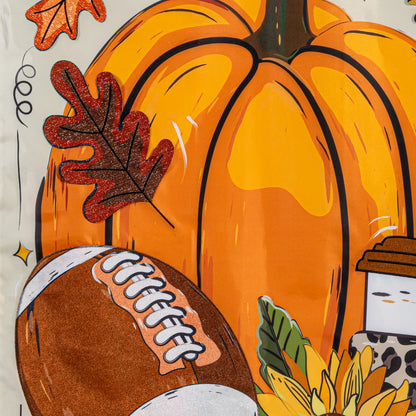 Tis' The Season Fall Applique House Flag featuring a large orange pumpkin and autumn leaves on Tampa Home & Garden Store