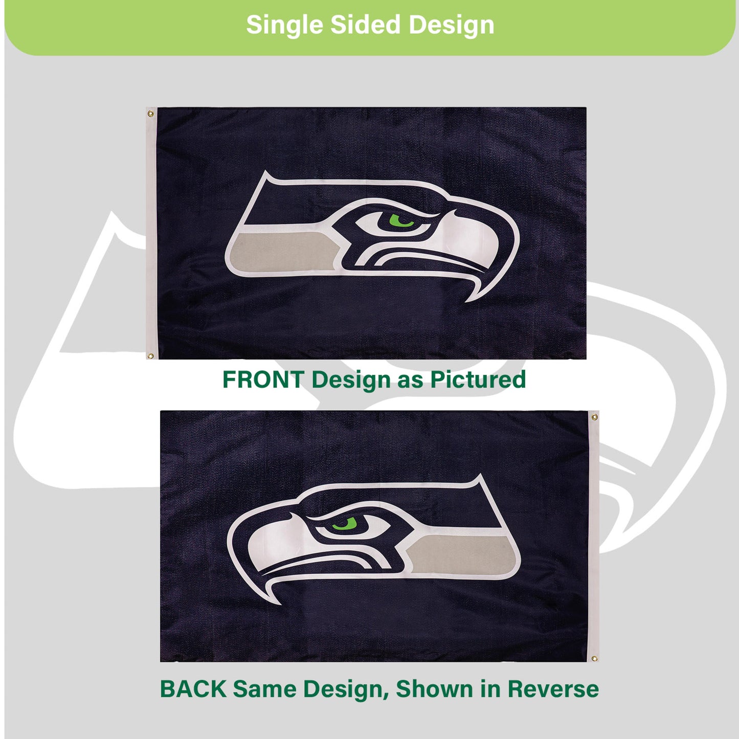 Seattle Seahawks 3x5 ft single-sided estate flag with 2 grommets, navy sublimated flag on Tampa Home & Garden Store