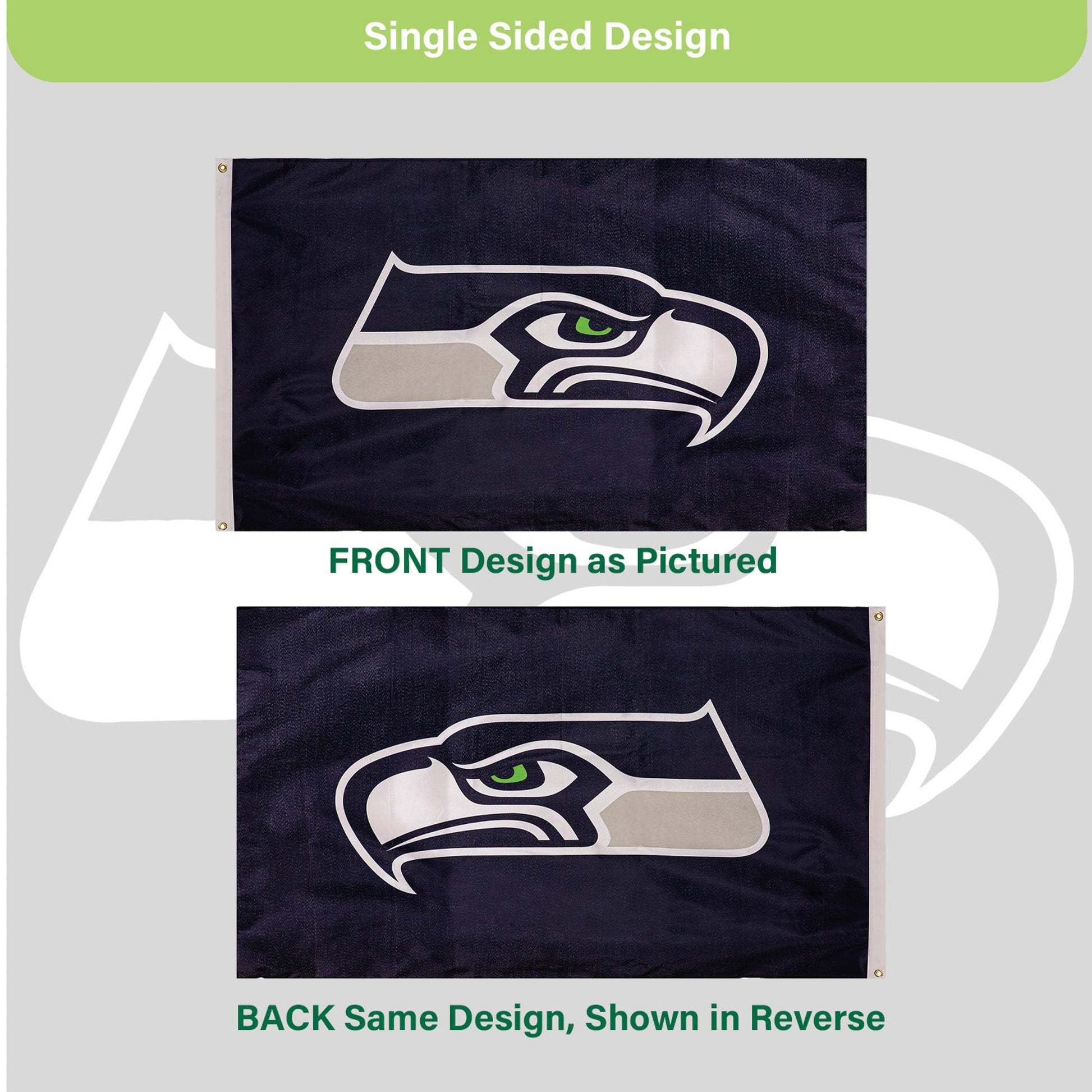 Seattle Seahawks 3x5 ft single-sided estate flag with 2 grommets, navy sublimated flag on Tampa Home & Garden Store