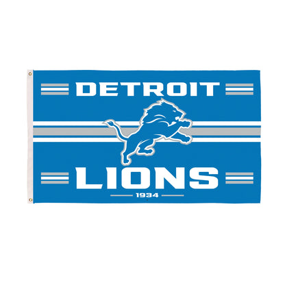 Detroit Lions single sided sublimated flag 3x5 with 2 grommets on blue banner Lions logo on Tampa Home & Garden Store