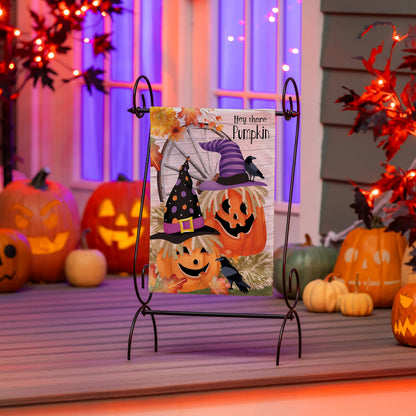 Couple Of Jacks Pumpkin Suede Garden Flag orange pumpkin motif on decorative metal stand on Tampa Home & Garden Store