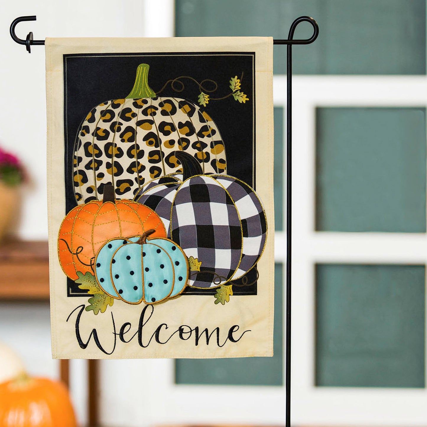 Mixed Print Pumpkins Garden Linen Flag with beige border and bold pumpkin prints on Tampa Home & Garden Store