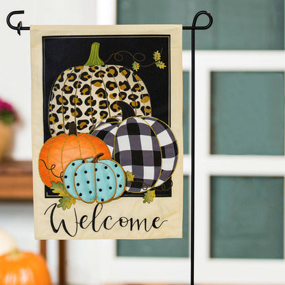 Mixed Print Pumpkins Garden Linen Flag with beige border and bold pumpkin prints on Tampa Home & Garden Store