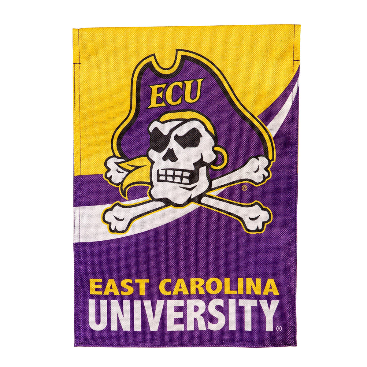 Burlap flag East Carolina University banner featuring purple and gold pirate skull logo on Tampa Home & Garden Store