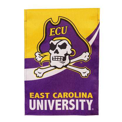 Burlap flag East Carolina University banner featuring purple and gold pirate skull logo on Tampa Home & Garden Store