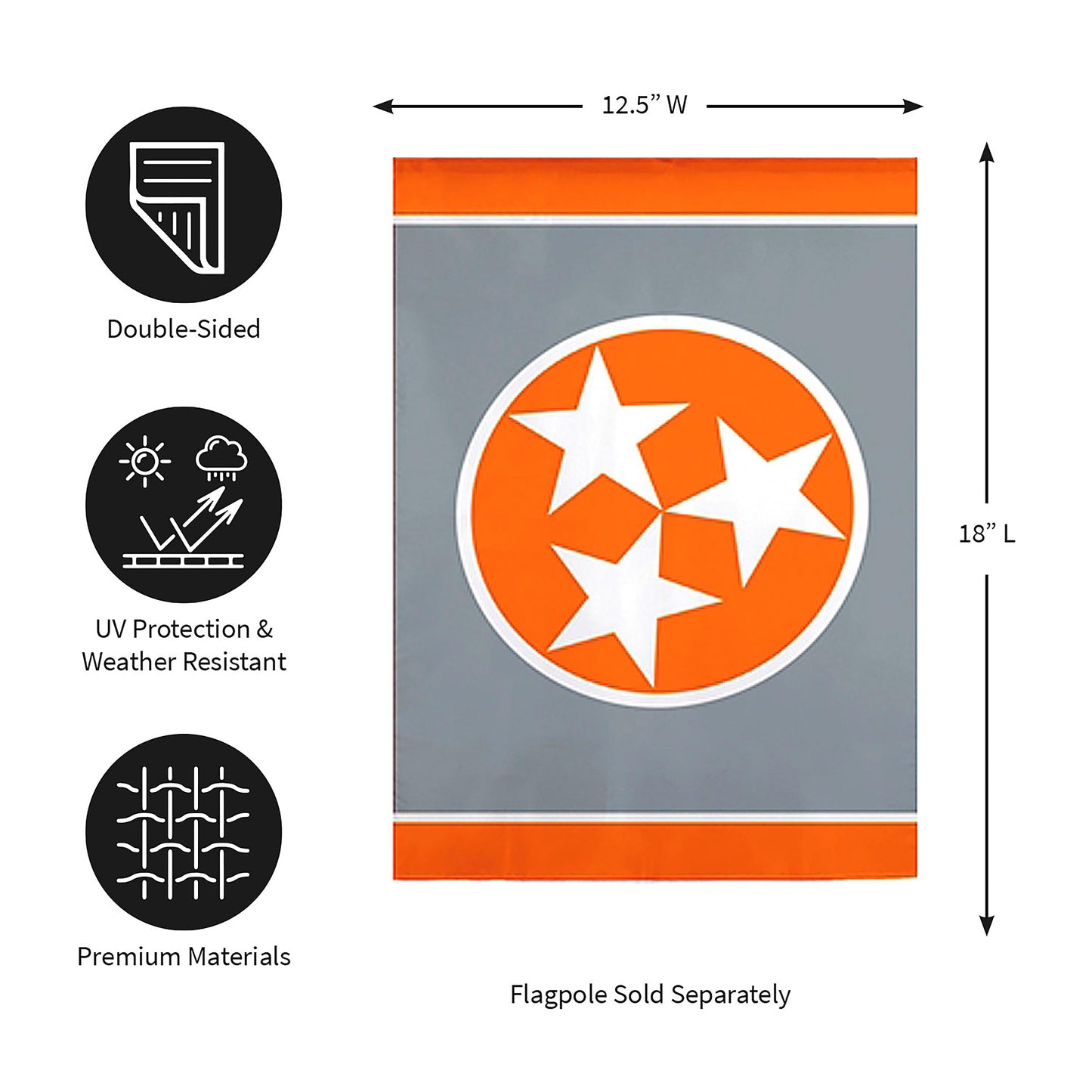 Tennessee Tri Star Grey Garden Applique Flag with orange circle and white stars on Tampa Home & Garden Store