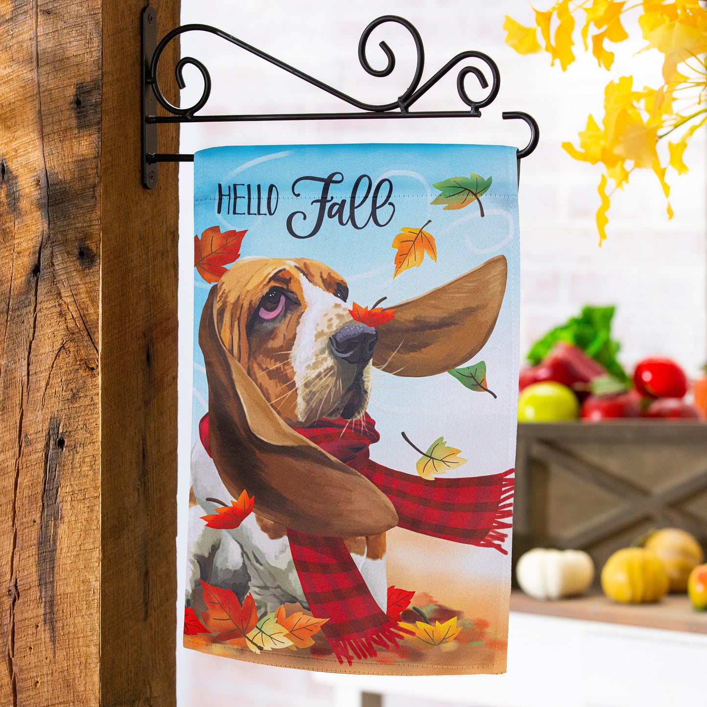 Falls A Breeze Suede Garden Flag with a beagle in a plaid scarf among leaves on blue background on Tampa Home & Garden Store