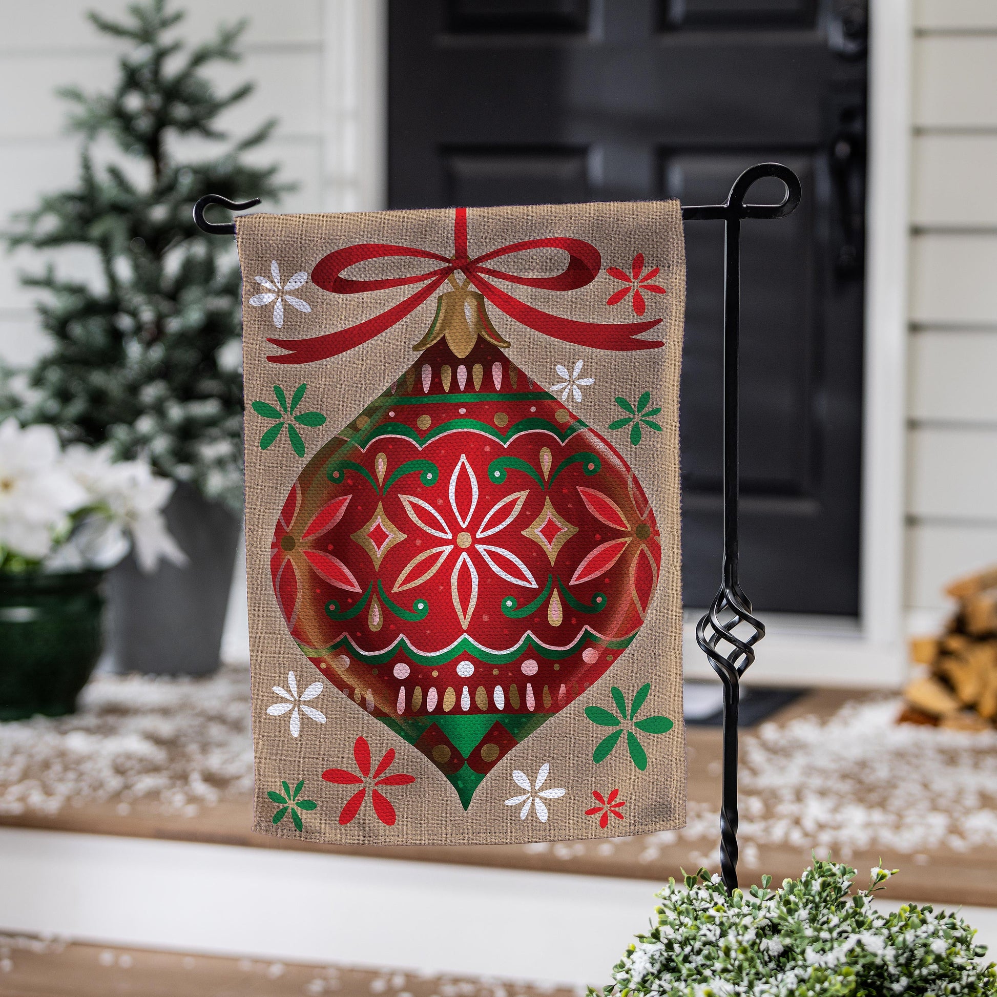 Vivid Christmas Ornament Burlap Garden Flag by Evergreen Enterprises with motif on burlap on Tampa Home & Garden Store