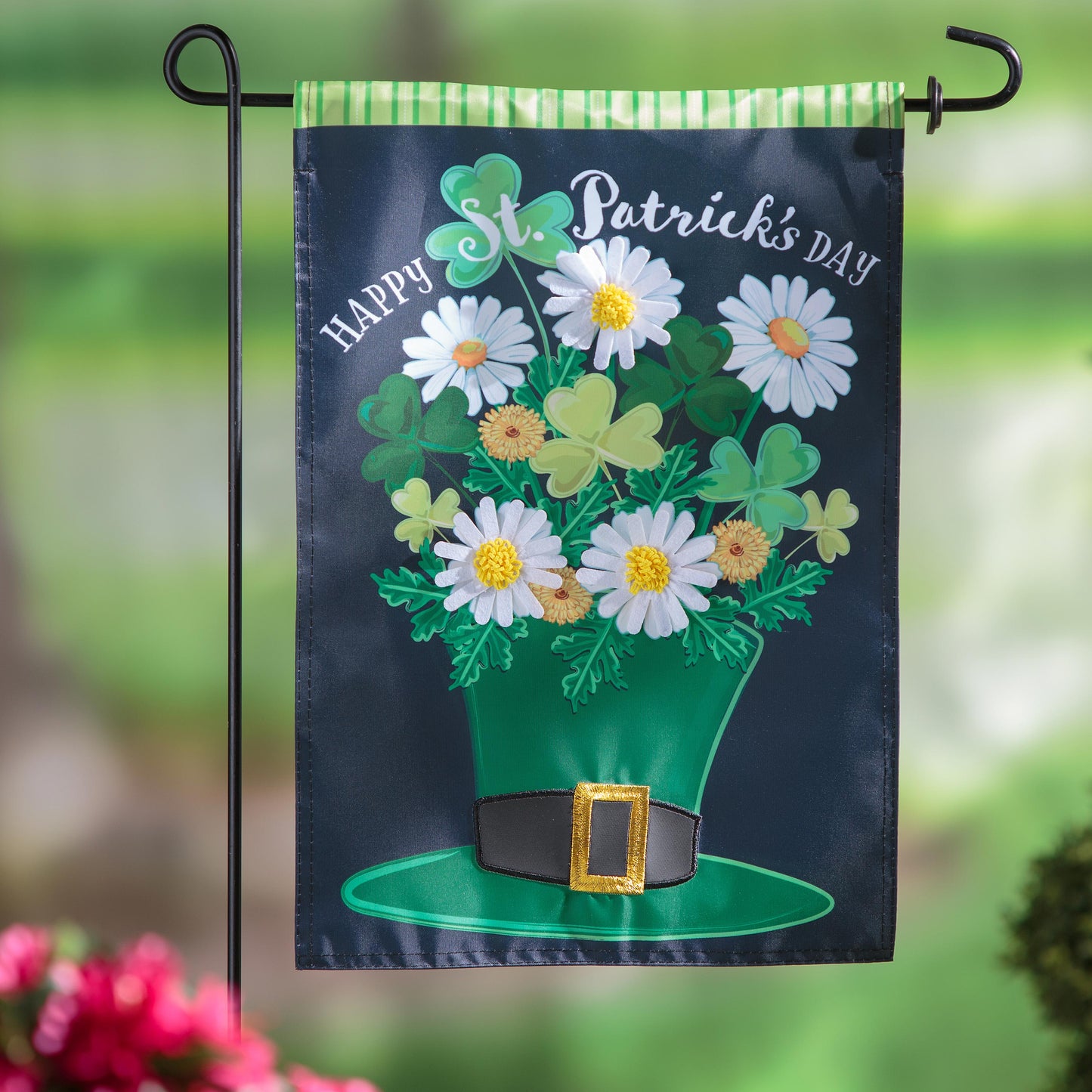 St. Patrick's Day floral hat applique garden flag with daisies and shamrocks on dark background on Tampa Home & Garden Store