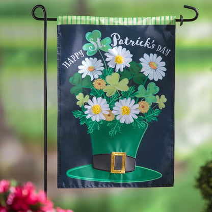 St. Patrick's Day floral hat applique garden flag with daisies and shamrocks on dark background on Tampa Home & Garden Store