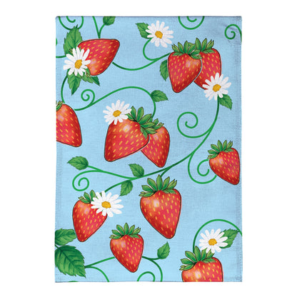 Sweet Strawberries Burlap Garden Flag blue burlap with strawberry pattern and white daisies on Tampa Home & Garden Store