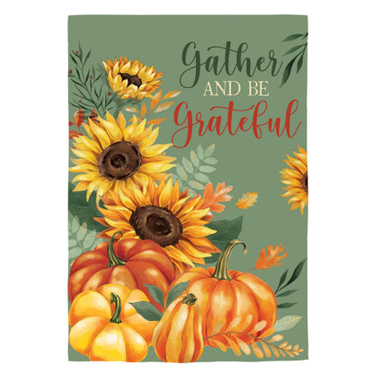 Grateful Gatherings Suede House Flag with sunflowers and pumpkins on sage green background on Tampa Home & Garden Store