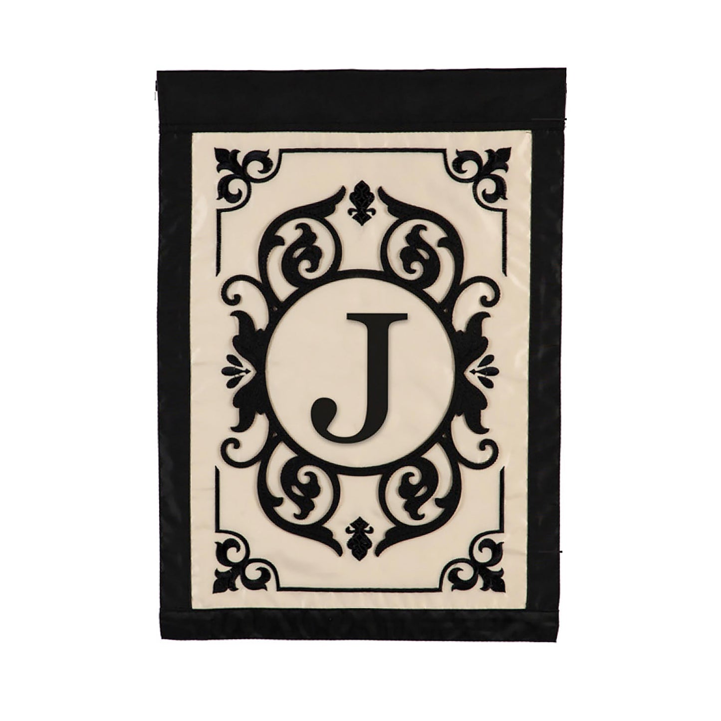 Cambridge Monogram Garden Applique Flag Letter J with ivory panel and black border on Tampa Home & Garden Store