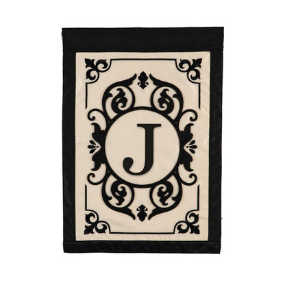 Cambridge Monogram Garden Applique Flag Letter J with ivory panel and black border on Tampa Home & Garden Store