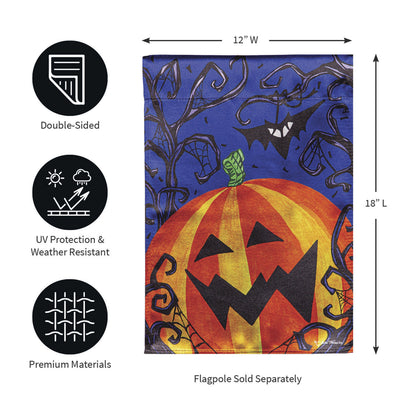 Halloween Jack O Lantern Pumpkin Lustre Garden Flag blue background with pumpkin motif on Tampa Home & Garden Store