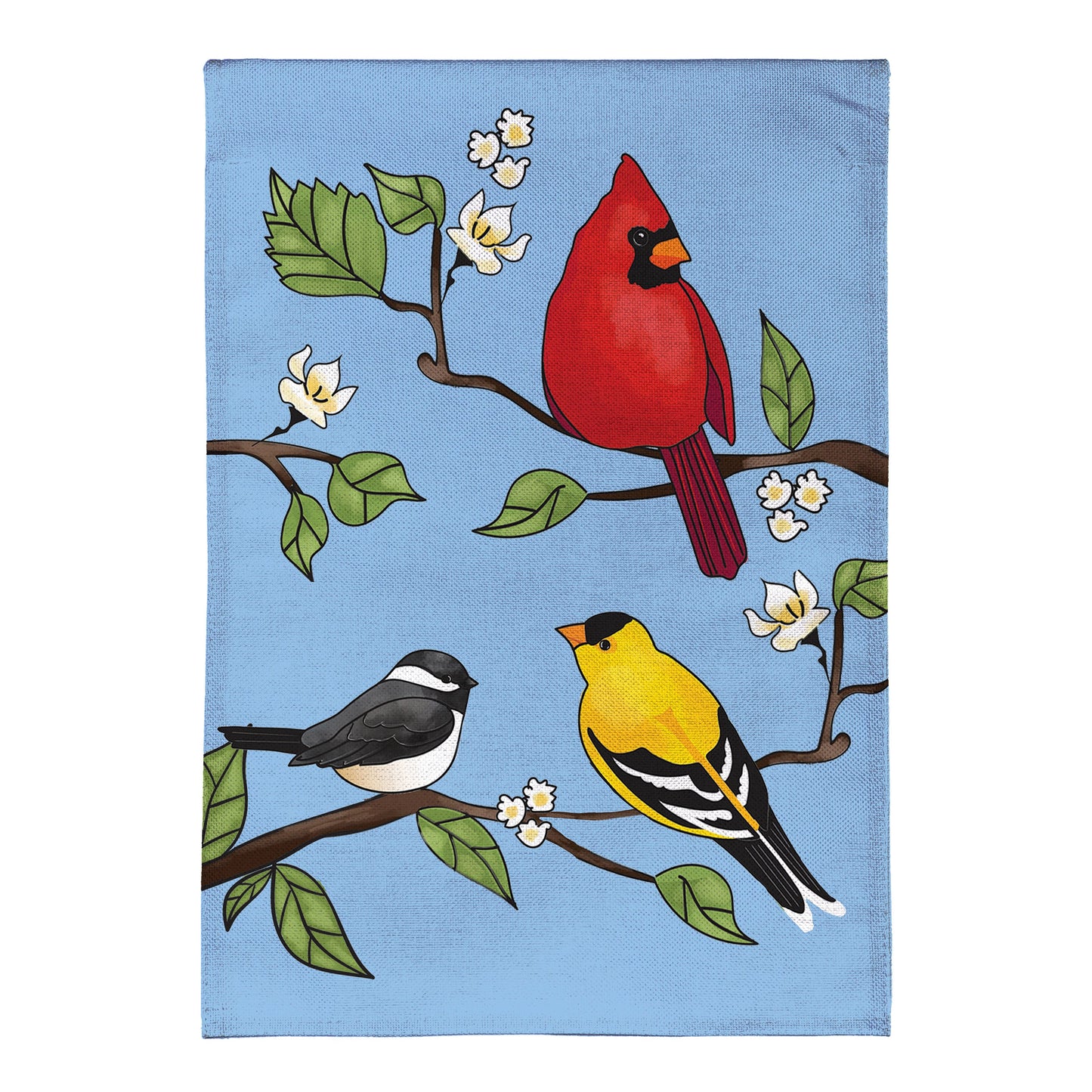 Cardinal and Friends Burlap Garden Flag blue burlap with red cardinal and birds on a branch on Tampa Home & Garden Store